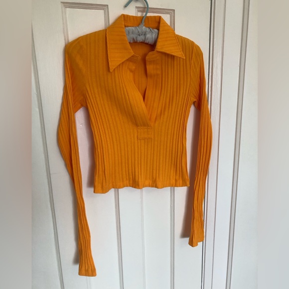 NWT Helmut Lang Cotton Cropped Rib Knit Long Sleeve Polo in Orange, Size XS - Picture 3 of 14